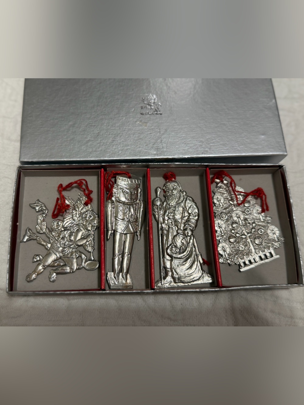 Vintage Gorham Silver Plate Christmas Ornaments 4 Pc Box Set Angel Santa